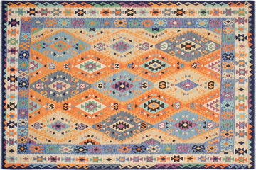 Flat Weave Kilim, Antique, Navaho, Vintage, Handmade, Geometric Kilim Rust Blue Hand-Woven Rectangle 100% Wool Area Rug 8 x 10